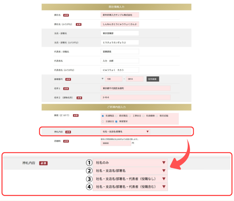 予約システムの神札内容の選択肢（①社名のみ／②社名・支店名/部署名／③＋代表者(役職なし)／④＋代表者(役職含む)）
