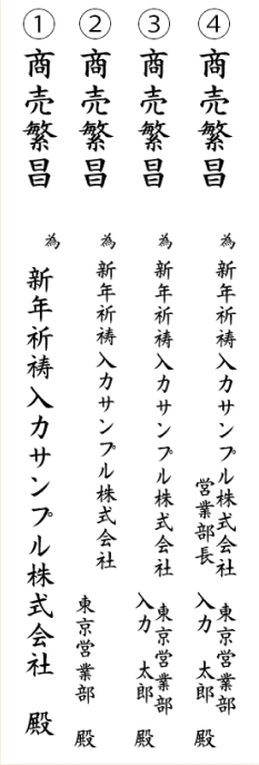 神札のお書入れ例。①社名のみ ②社名・支店名/部署名 ③社名・支店名/部署名・代表者（役職なし） ④社名・支店名/部署名・代表者（役職含む）の4種